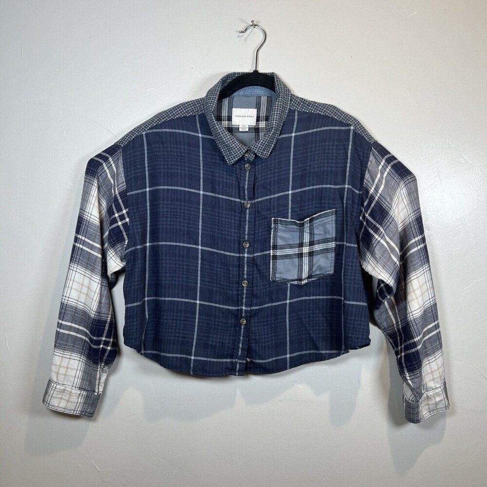 American Eagle Blue Plaid Long Sleeve Crop Shirt Size Large Style 3790